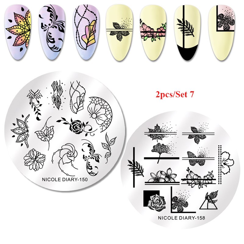 2Pcs Nicole Dagboek Nail Stempelen Platen Lente Bloem Rechthoek Rvs Nail Image Stencils Stempelen Template Tool