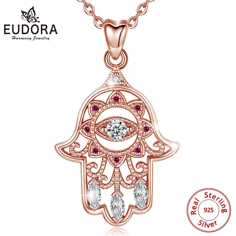 Eudora 925 prata esterlina rosa cor do ouro mal olho hamsa mão pingente colar mulheres jóias finas para festa de aniversário giftcyd335