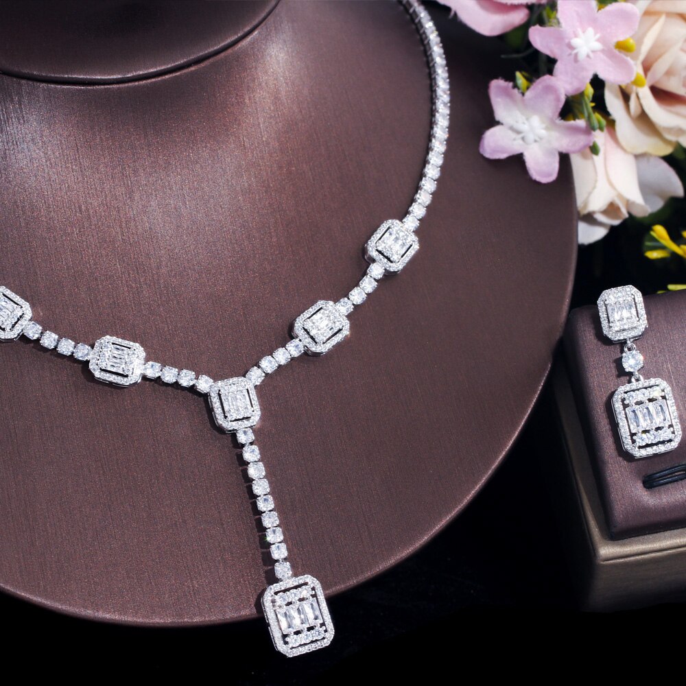 Cwwzircons Afrikaanse Baguette Cz Pave Dangle Ketting Oorbellen Bridal Bruiloft Zirconia Sieraden Set Voor Vrouwen T612