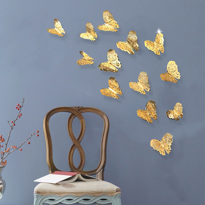 12Pcs Set Butterfly Home Decorations 3D Wall Stickers Decals Metallic Art DIY Removable Resistance Paper Murals Bedroom Stickers