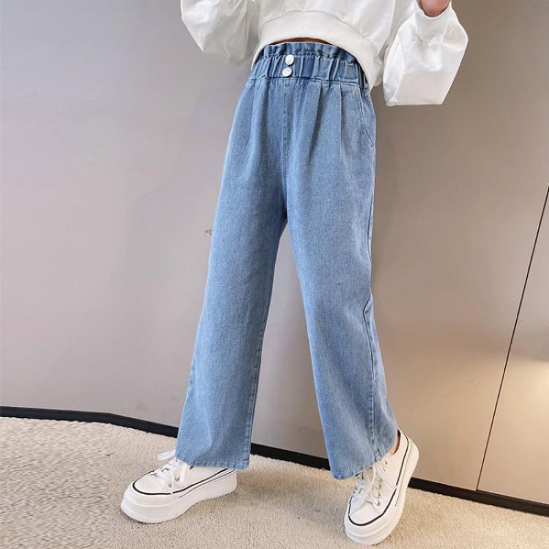 Toddler Kids Girls Jeans 2022 Spring Loose Straight Wide-Leg Denim Pants Children Ruffle Waist Trousers Teenag Girl Leggings 13Y