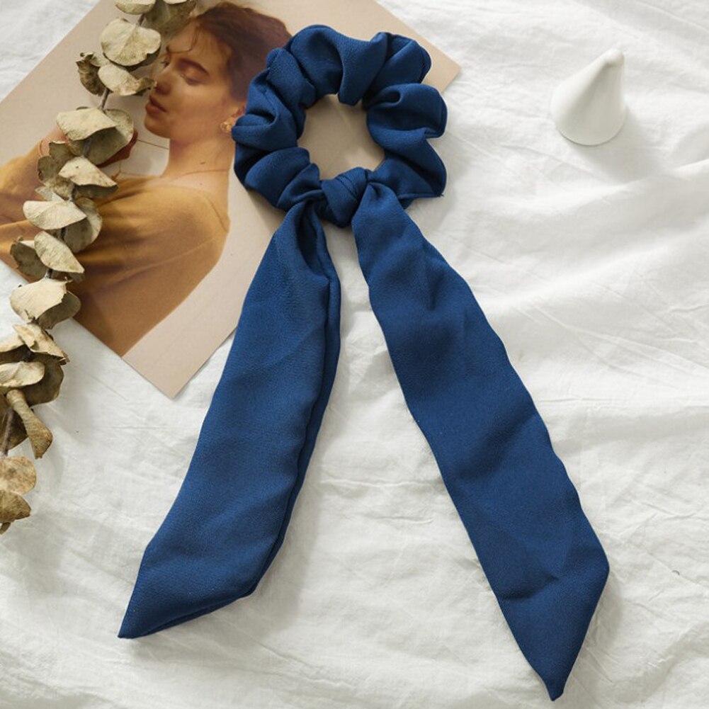 Solid Chiffon Ponytail Scrunchie Hair Ties Elastic Hair Rope for Women Hair Bow Ties Hair Bands Black Red Pink Ribbon Hairbands: Navy Blue