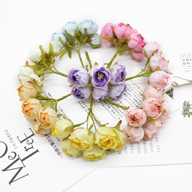 6 piezas de flores artificiales rosas de té flores decorativas para boda coronas adornos navideños para el hogar diy Caja de estampa