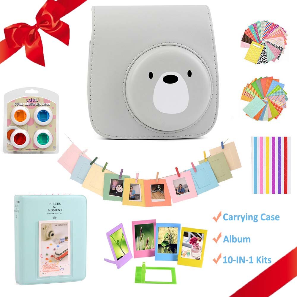 Voor Fujifilm Instax Mini 9 Mini 8 Instant Camera Schilderen/Rose Draagtas Tas Cover Pu Leather Pouch + album + 10-In-1 Kit: Bear Set