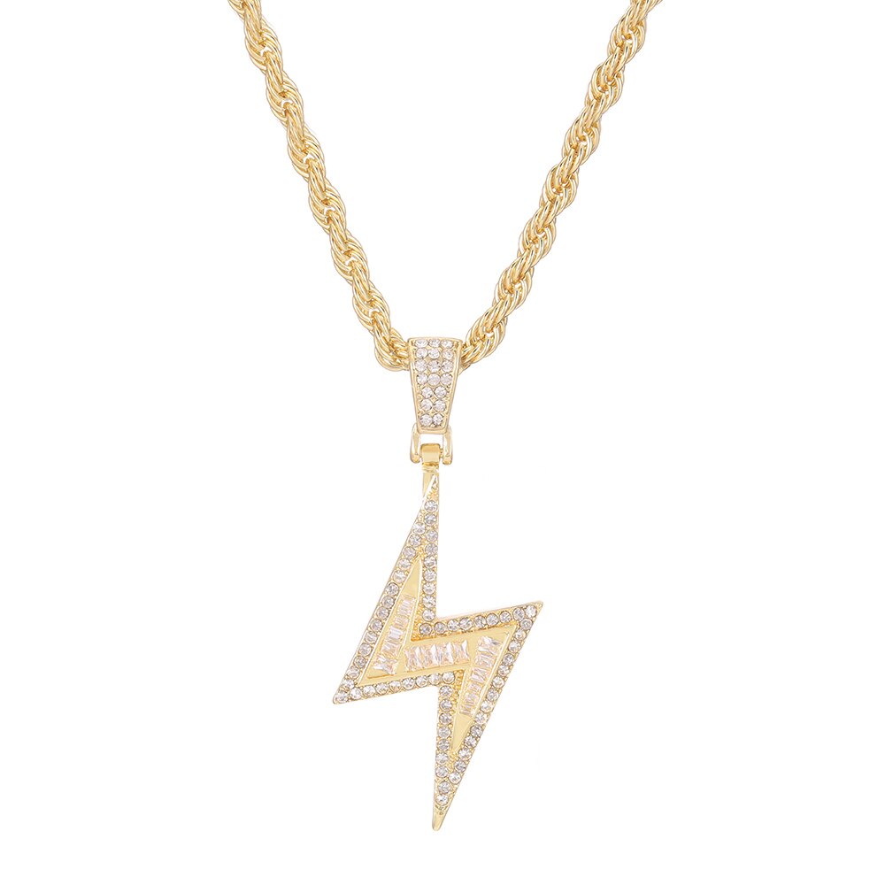 Hip Hop Lightning Pendant Necklace Gold Tennis Chain Iced Out Rhinestone Necklaces for Women Men collares de moda: Rope Chain Gold / 18inch(45cm)