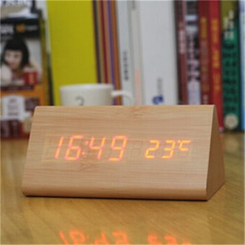 triangular wooden clock,sound control,thermometer,4 color LED display,digital desktop bedroom alarm clock on desk: bamboo clock red