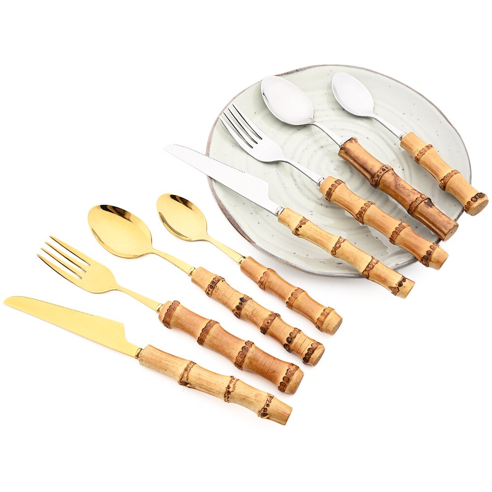 Bamboo Handle Cutlery Set Steak Knife Fork Coffee Tea Spoon Tableware Set Mirror Stainless Steel Flatware Kitchen Dinnerware Set