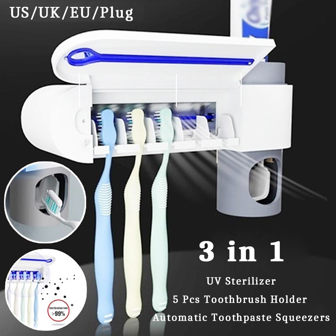 2 In 1 Smart Sterilisator Tandenborstelhouder Automatische Tandpasta Squeezers Dispenser Uv Tandenborstelhouder Gratis Ponsen Muur