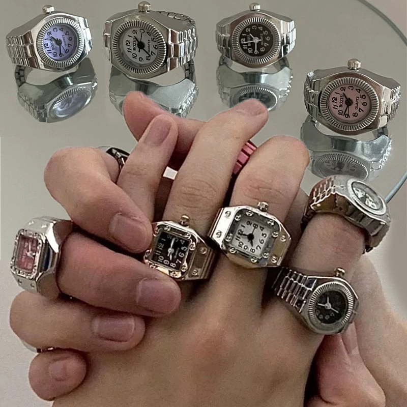 Anillo de reloj colorido para hombre y mujer, puntero Retro plateado, reloj de cuarzo, anillos para dedo, correa de aleación Punk, relojes, accesorios de joyería
