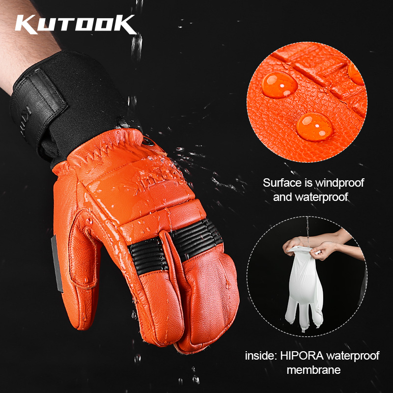 KUTOOK guantes de esquí de invierno de piel de cabra mitones guantes térmicos de esquí Snowboard para hombres accesorios de protección de montañismo de cuero