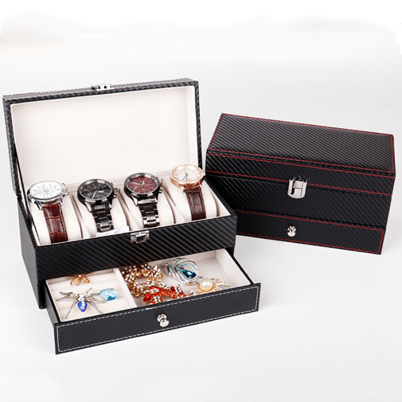 Organizer Carbon Fiber Double Layer Boxes Watch Necklace Ring Storage Box Jewelry Storage Multifunction Container Holder