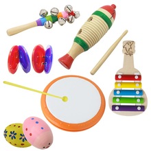 6 stk orff træ tamburin pædagogisk musikinstrument med håndtromme + fiskefrø + træ guitar + tamburin + sandæg + kastanet