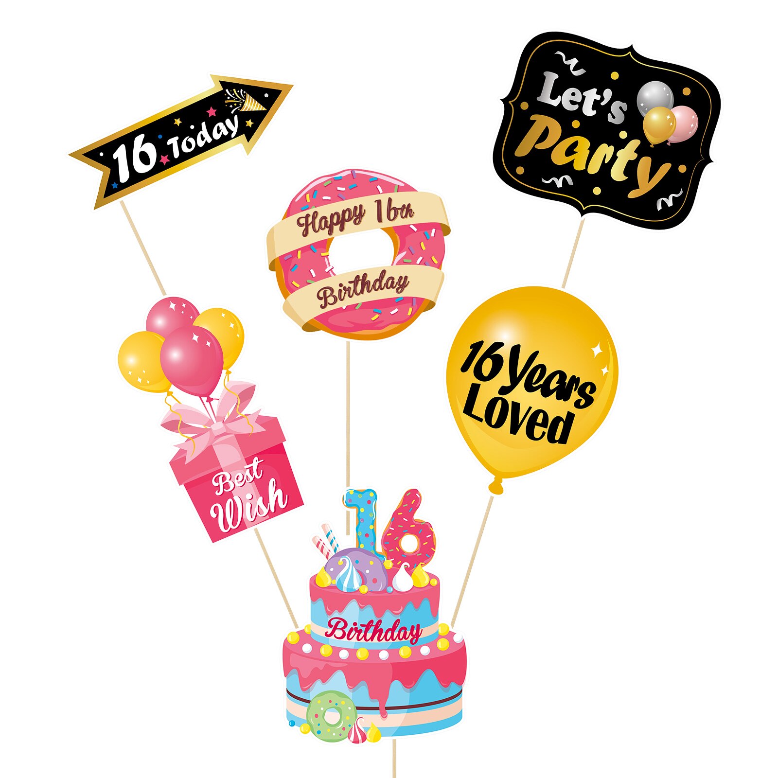 Abaodam 24pcs Selfie Props Handheld Photo Booth Props Pre-glued with Sticks Party Props for Sixteenth Birthday Party