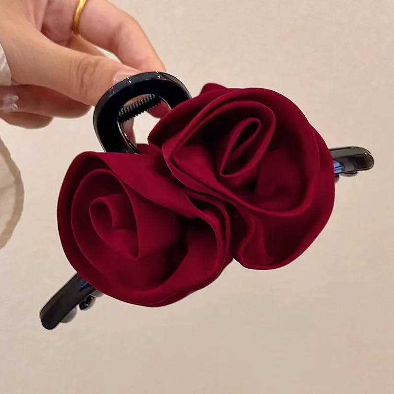 Pinzas en forma de garra para el pelo con flor de Rosa doble francesa para mujeres y niñas, accesorios para el pelo de tiburón hechos a mano de tela sólida satinada Vintage, nuevos: YELLOW