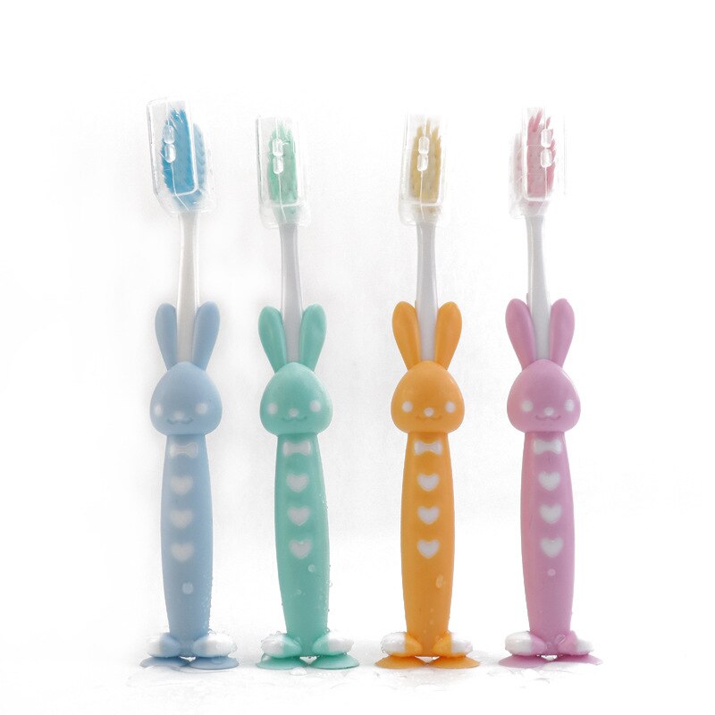 4Pcs/Set Cute Cartoon Kids Toothbrush Bamboo Charcoal Suction Base Soft Hair Children Toothbrush Kids Oral Care Supplies: bunny