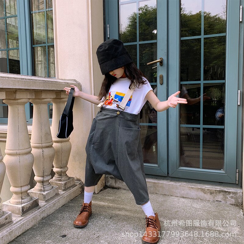 summer boys and girls pants Japanese hip-hop hip-hop pants suspenders cropped pants
