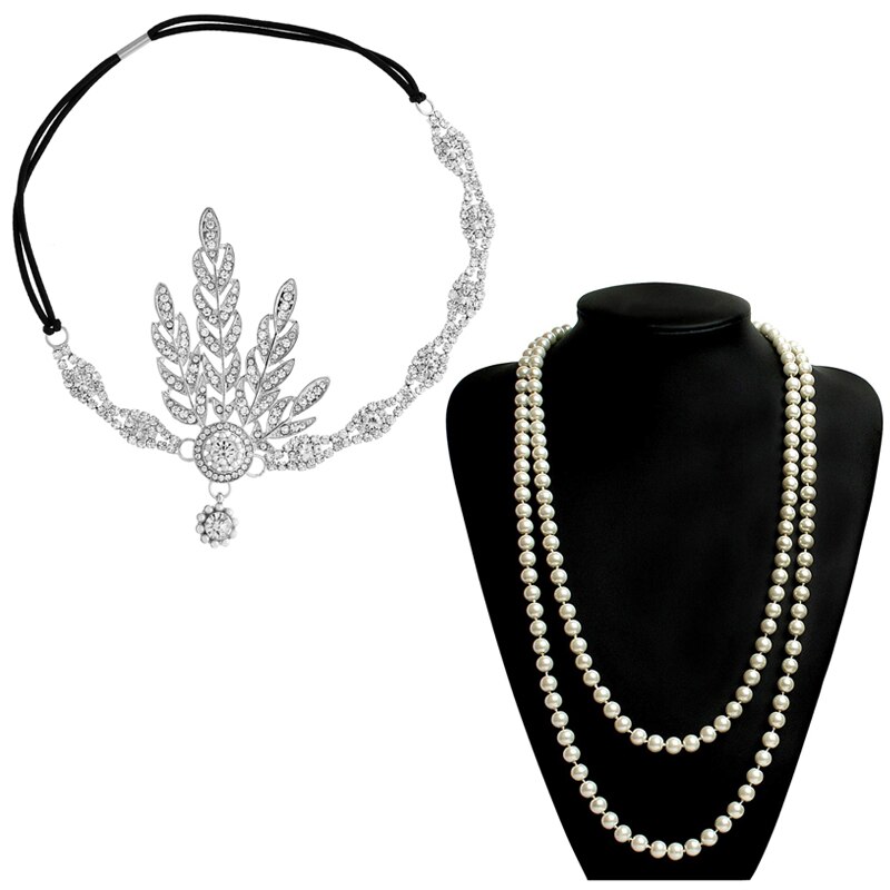 Great Gatsby Accessories Set for Women 1920s Flapper Pearl Necklace Headband Leaf Headpiece Party Costume Jewelry: silver P150