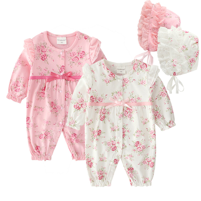 Floral Ribbon Newborn Baby Girl Clothes Ruffles Long Sleeve Princess Jumpsuit Spring Infant Girls Bodysuit+ Hats