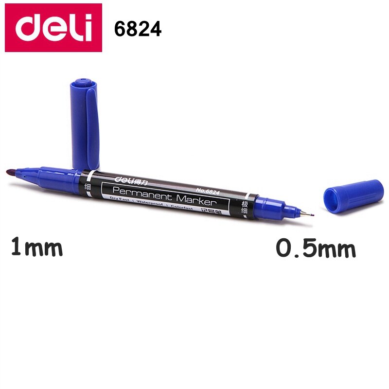 12PCS/BOX Deli 6824 Double Sided Permanent Markers Dual Tip Pen 0.5mm/1mm Black Blue Red Water Proof Fast Dry Permanent pen