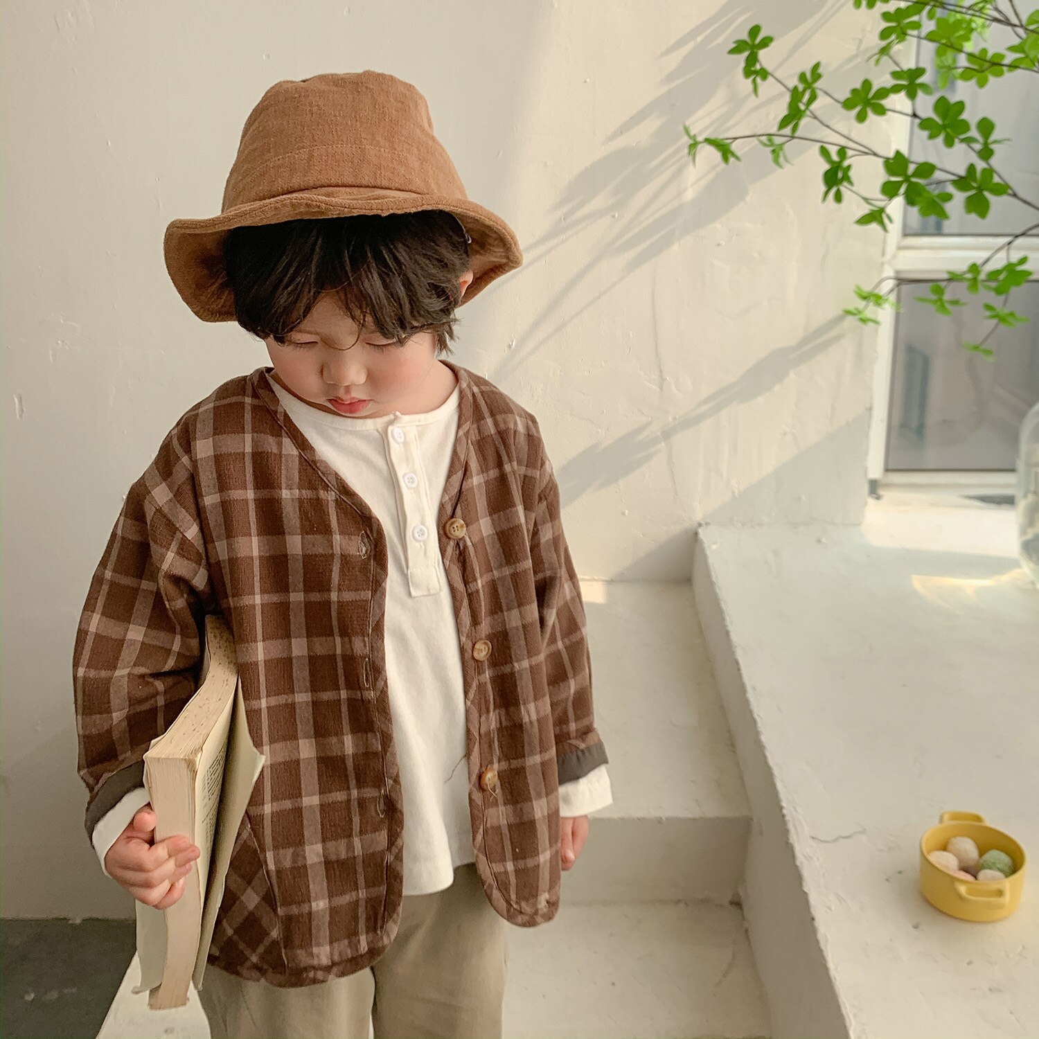Frühling herbst freundlicher baumwolle leinen Plaid jacken jungen und mädchen Koreanischen stil verlieren beiläufige mäntel freundlicher mäntel: braun / 3T