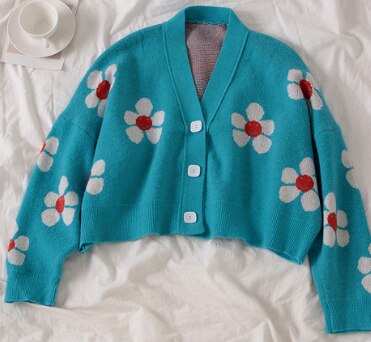 Retro japanilaistyylinen kukka neule neuletakit neulepusero naiset v kaula löysä elegaht paksu femme print lyhyt rento takki: Taivaansininen