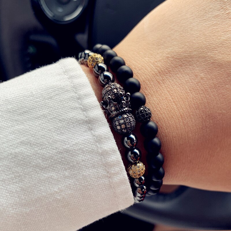 Bracelet luxueux pour hommes, 2 pièces/ensemble, Bracelet à breloques pavé, CZ Punk, perles, crâne, bijoux: 1