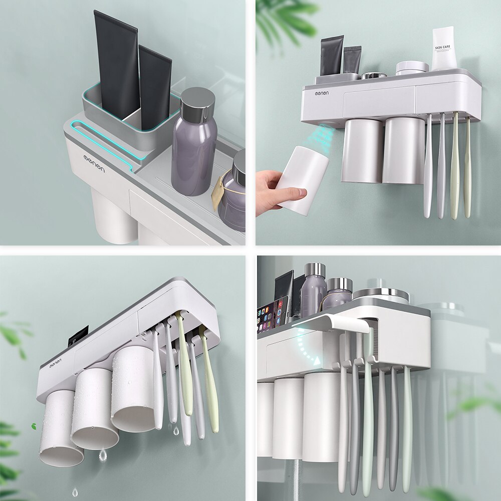 Mengn Toothbrush Rack Wall Mounted Toothbrush Holder Cup Organizer Toothpaste Dispenser Washroom Bathroom Storage Rack Shelf