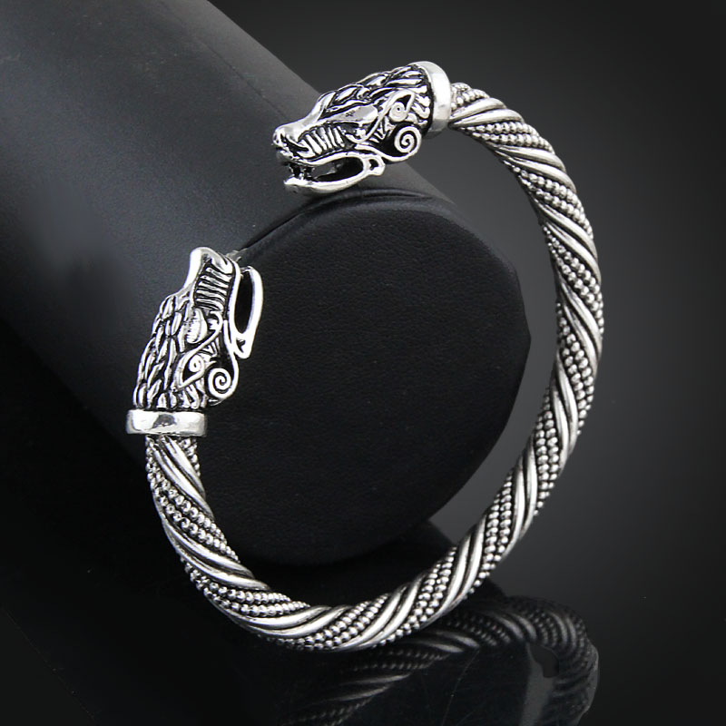 LAKONE Teen Wolf Head Bracelet Indian Jewelry Accessories Viking Bracelet Men Wristband Cuff Bracelets For Women Bangles: Antique Silver Plated