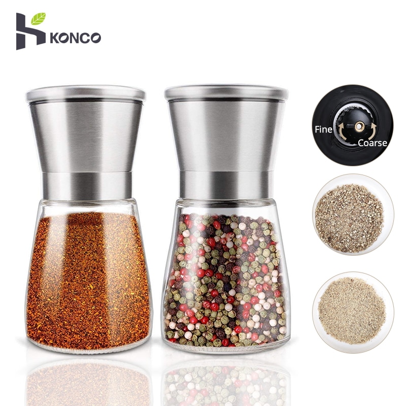 Konco 2 st saltpepparkvarnshakers, pepparkryddkvarnar i rostfritt stål med justerbar keramik med glaskropp