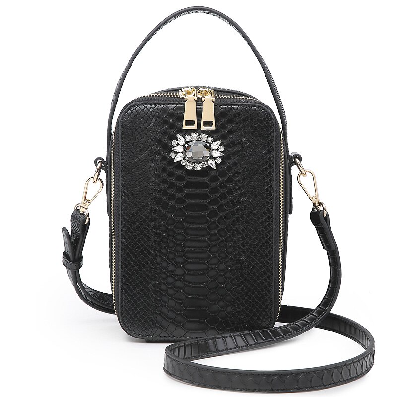 Box Bags Crystal Decoration Python Bag Snake Pattern Women Shoulder Handbag Bags: S-Black