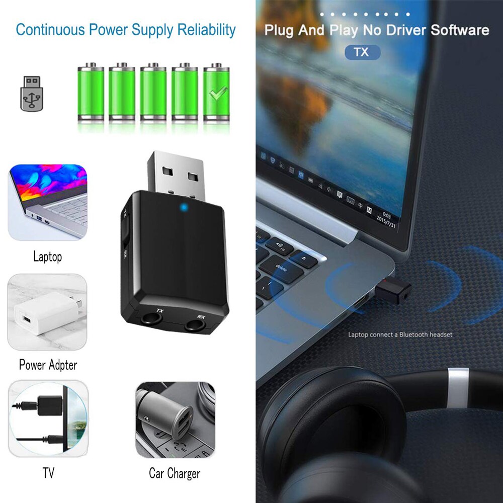 Trasmettitore ricevitore bluetooth usb 5.0 audio 3 in 1 adattatore dongle con 3.5mm cavi per cuffie tv stereo domestico auto hifi audio