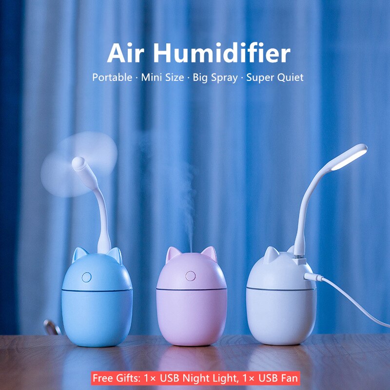 Humidificateur portable usb à 220ml niveaux , diffuseur ultrasonique à brume fraîche, humidificateur d'air, purificateur avec veilleuse et ventilateur