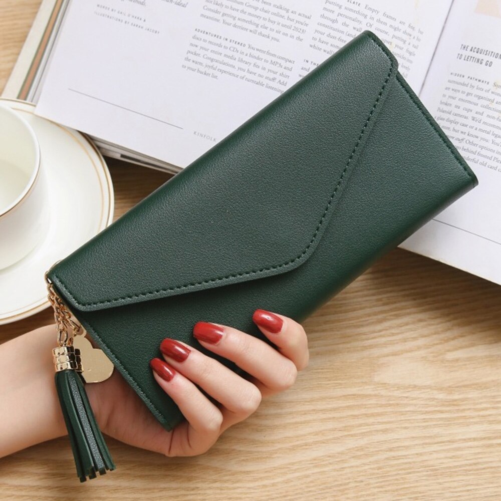 Women Leather Slim Wallet Long Trifold Credit Card Holder Organizer Purse Tassel Coin Purse Card Holder: color 7