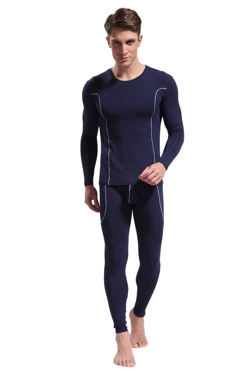 Men's Long Johns Set Bamboo Fiber Soft Thermal Underwear Comfortable Mens Leggings warm Sleepwear for winter: navy blue / S