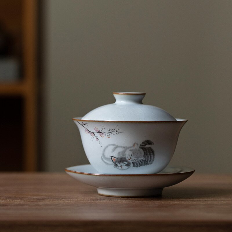 160ML Keramik Gaiwan Nette Katze Porzellan Terrine Chinesische Alte Glasur Jingdezhen Teaset Teekanne Schüssel für vielfältige Tee Porzellan: 04