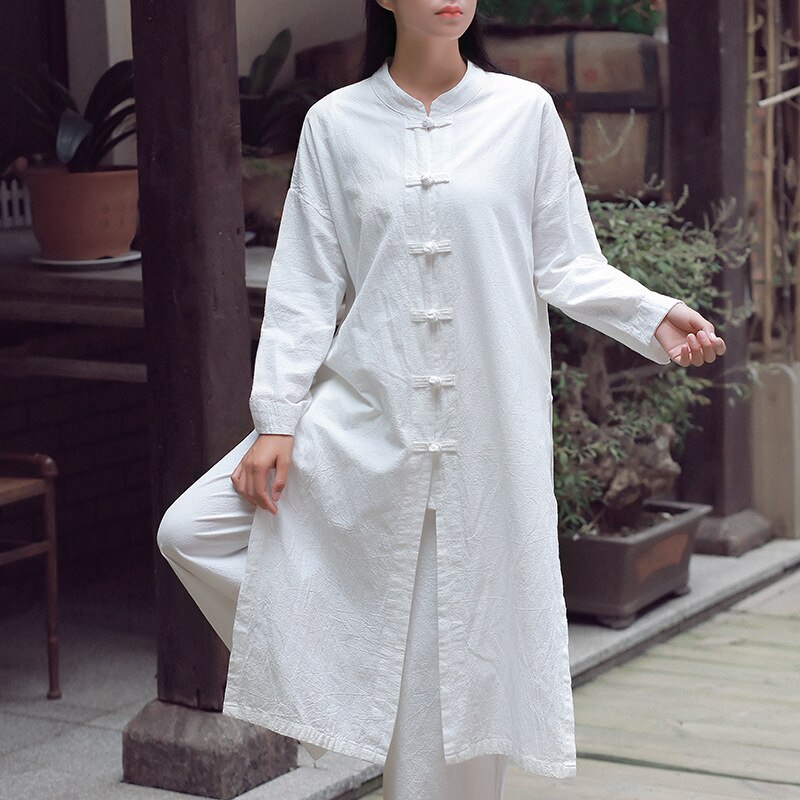 Cotton Linen Coat Men Women Retro Shirts Tops Chinese Style Zen Tea Long Sleeve Tang Suit Jackets Kung Fu Casual Blouse Cardigan: white