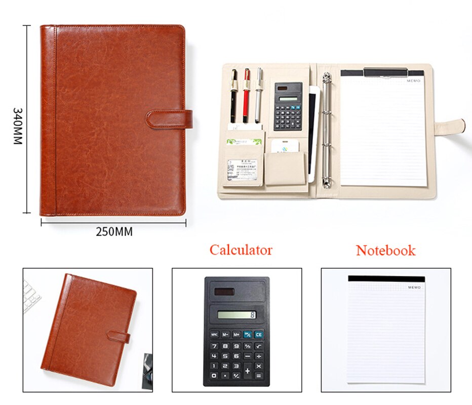 Document Organizer Folder A4 Spiral Notebook With Calculator 4 Ring Binder Manager Briefcase Office Portfolio Bag Hand Clip File: Brown