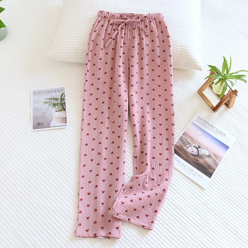 Pantalones de pijama 100% de algodón para el hogar, ropa de dormir suelta, informal, con estampado de amor: Pink love / XL(65-75kg)