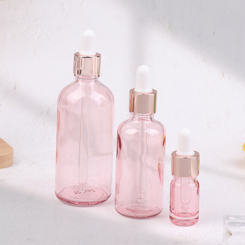 Tropfflaschen, nachfüllbar, 5–100 ml, Rosendeckel, Kosmetikbehälter, rosa Glas, Aromatherapie-Flüssigkeit für ätherische Massageöl-Pipette