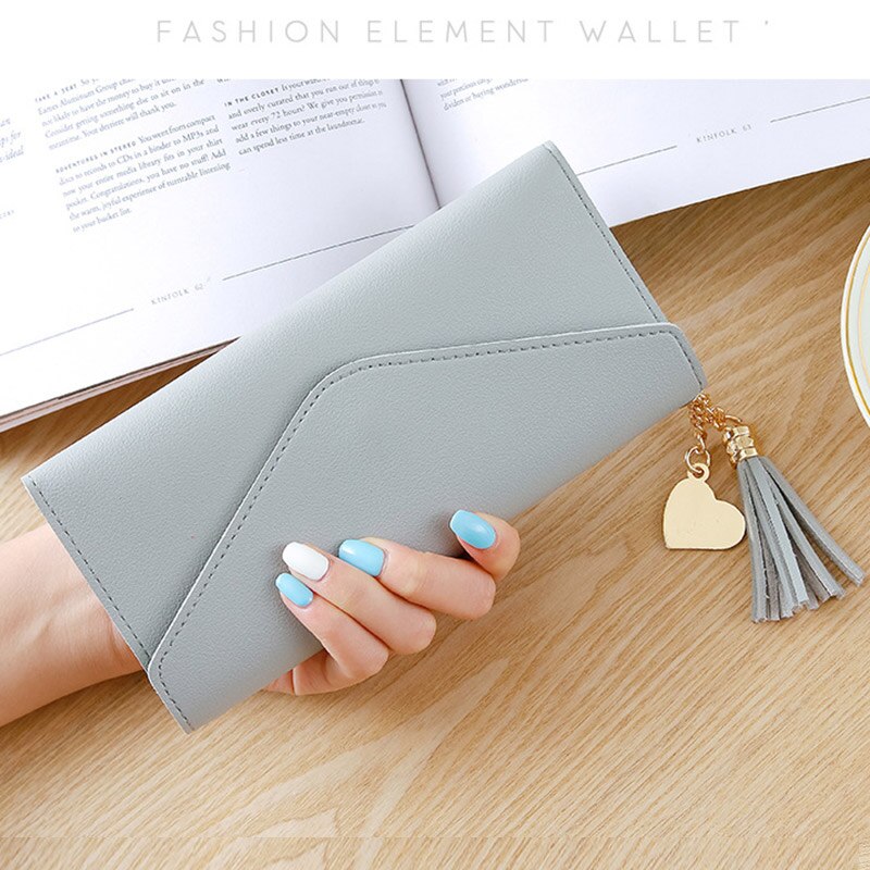 Women Leather Slim Wallet Long Trifold Credit Card Holder Organizer Purse Solid Color Handbag Lady