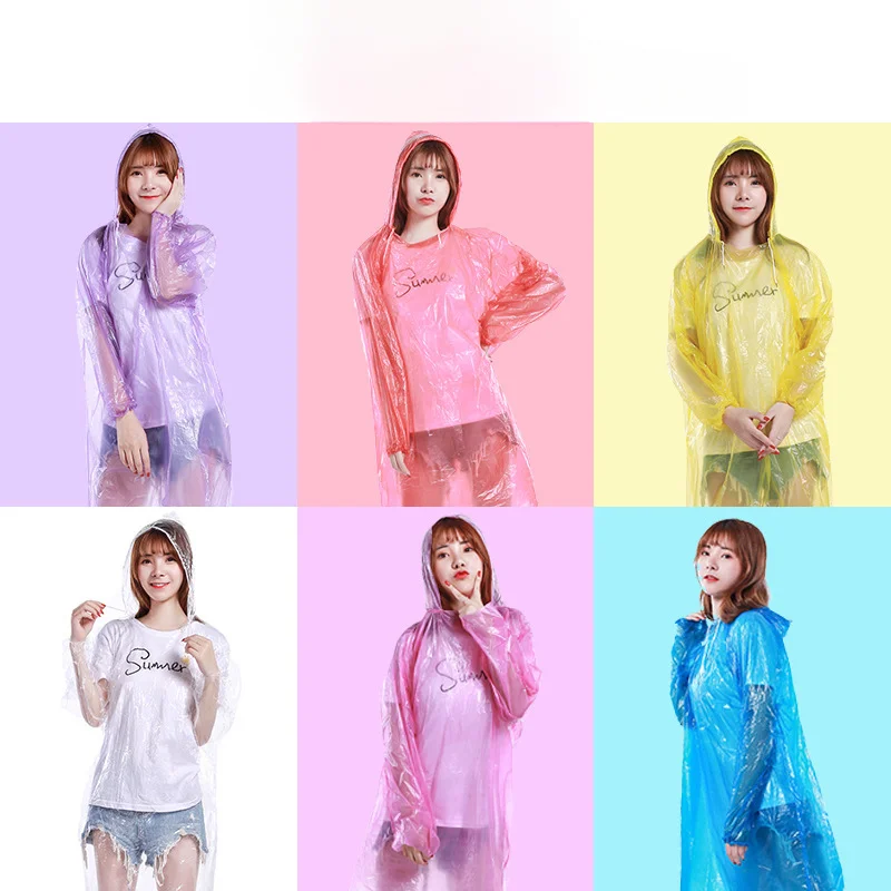 Engangs regnfrakke til voksne med tilfældig farve, poncho til vandreture, camping, hætte, motorcykel, regntøj, beskyttelsesudstyr, regnfrakker