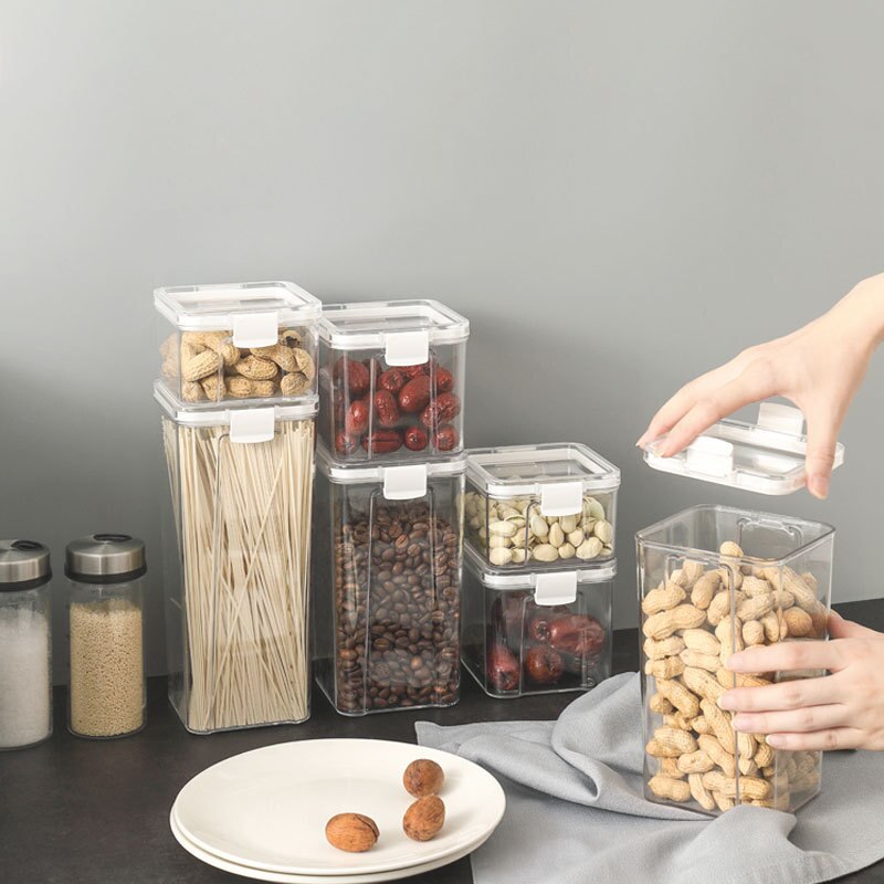 Plastic Food Containers Transparent Stackable Kitchen Sealed Jar Cans Kitchen Organizers Bottles