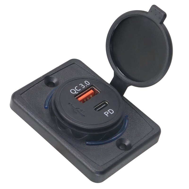 12V-24V USB C &amp; USB Dual Port PD &amp; QC 3.0 Car Charger Socket Power Outlet Charging Adapter for Car, Boat, Marine