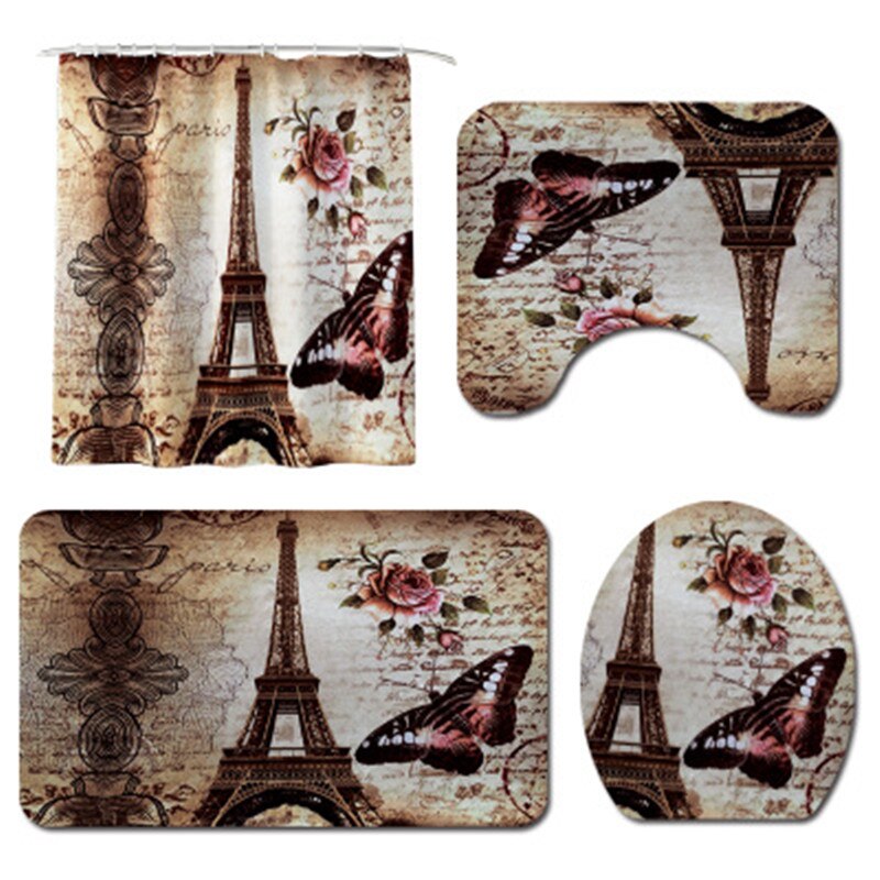Set van 4 badmatten, antislip, eiffeltoren print, badmat, douchegordijn, vloermat, wasbaar badmat, toiletmat.: Yl5 en  sy7
