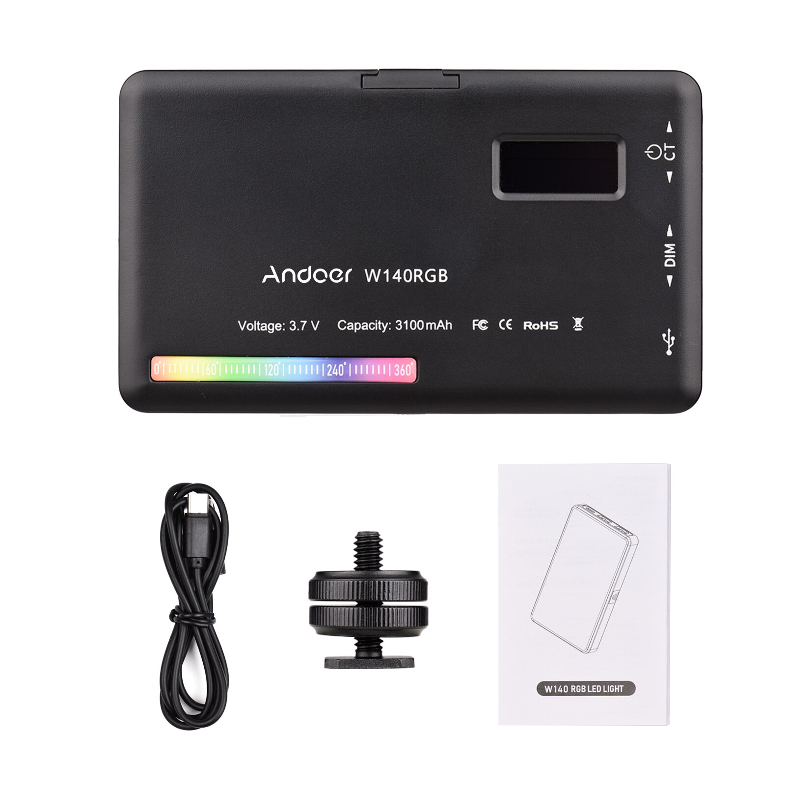 Andoer W140 RGB LED Video Light Rechargeable Photography Fill Light CRI95+ 2500K-9000K 20 Lighting Effects for Video Shooting: W140 RGB