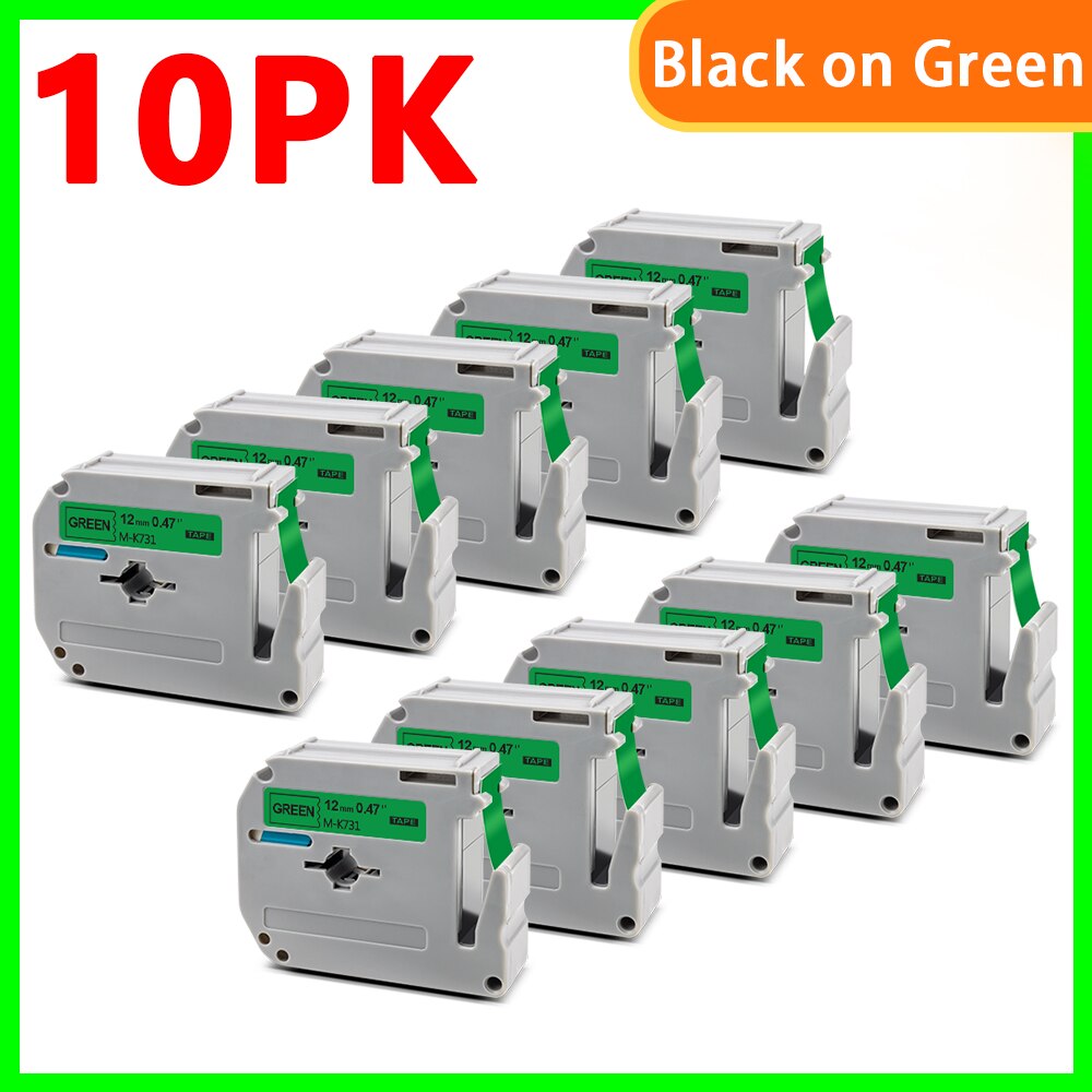 10pk sorte på hvide m -k231 labels til brother  mk 231 mk-231 label tape m tape 12mm label tape til brother p touch label maker: 10pk- sorte på grøn / 9mm
