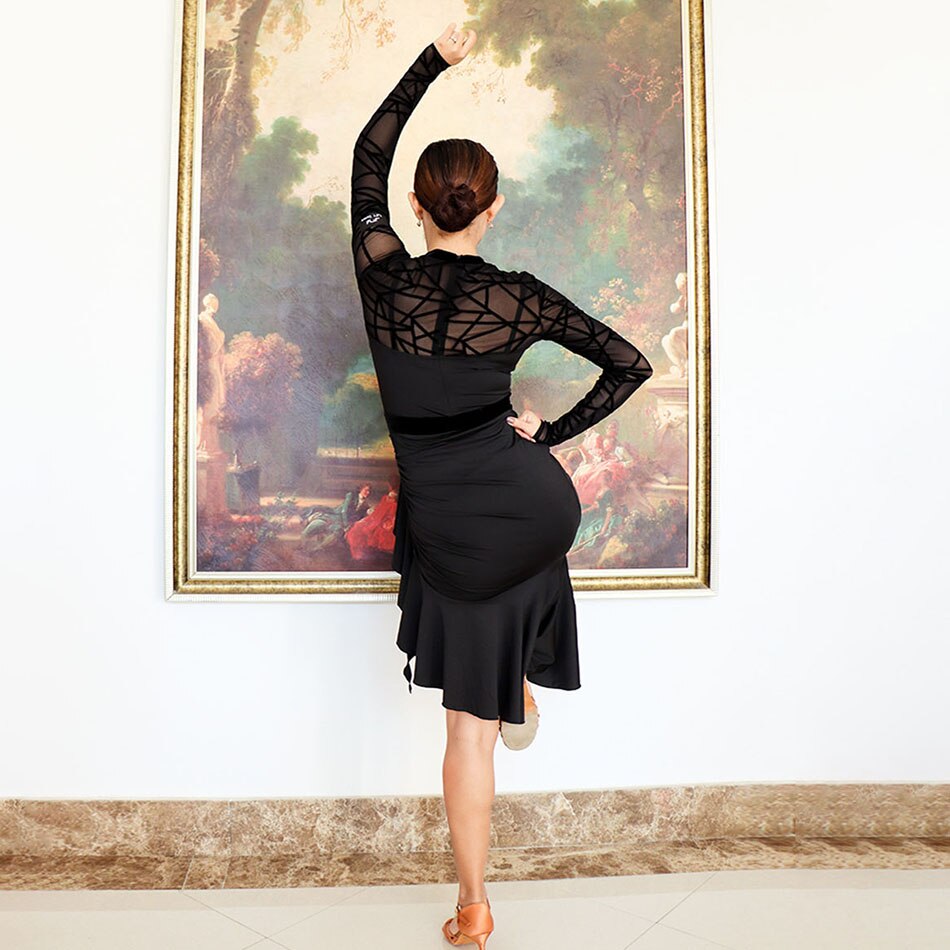 Vestido de baile latino para mujer, de encaje de manga larga, actuación de baile, salón, Samba, Tango, T046,