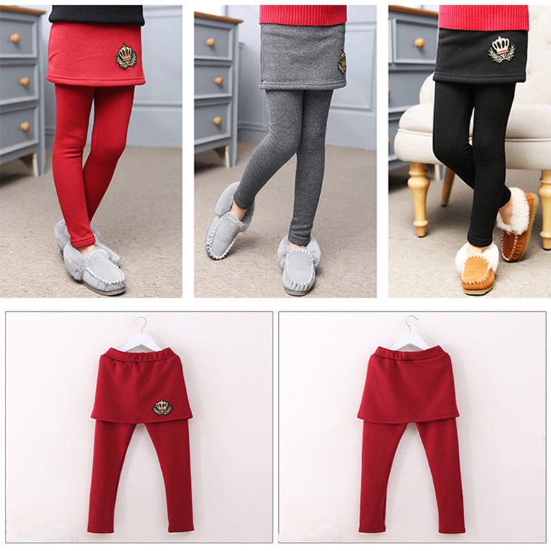 Babymeisjes winter warme broek kinderen lange broek met rok fluwelen dikke meisjeskleding kind patroon kinderen effen leggings