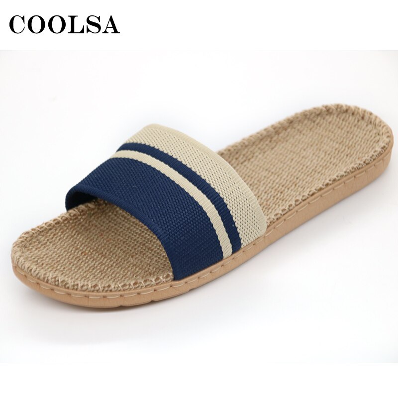 COOLSA Neue Männer Leinen Hausschuhe Streifen Hanf kippen-Flops Flachen, Nicht-Unterhose Sandalen Hause Hausschuhe Männlichen lässig drinnen Flachs heißer Strand Schuhe: Blau / 7