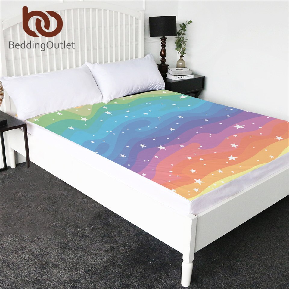 BeddingOutlet Rainbow Bed Sheet Colorful Microfiber Fitted Sheet Watercolor Mattress Cover Modern Bedding Stars Queen Bedlinen
